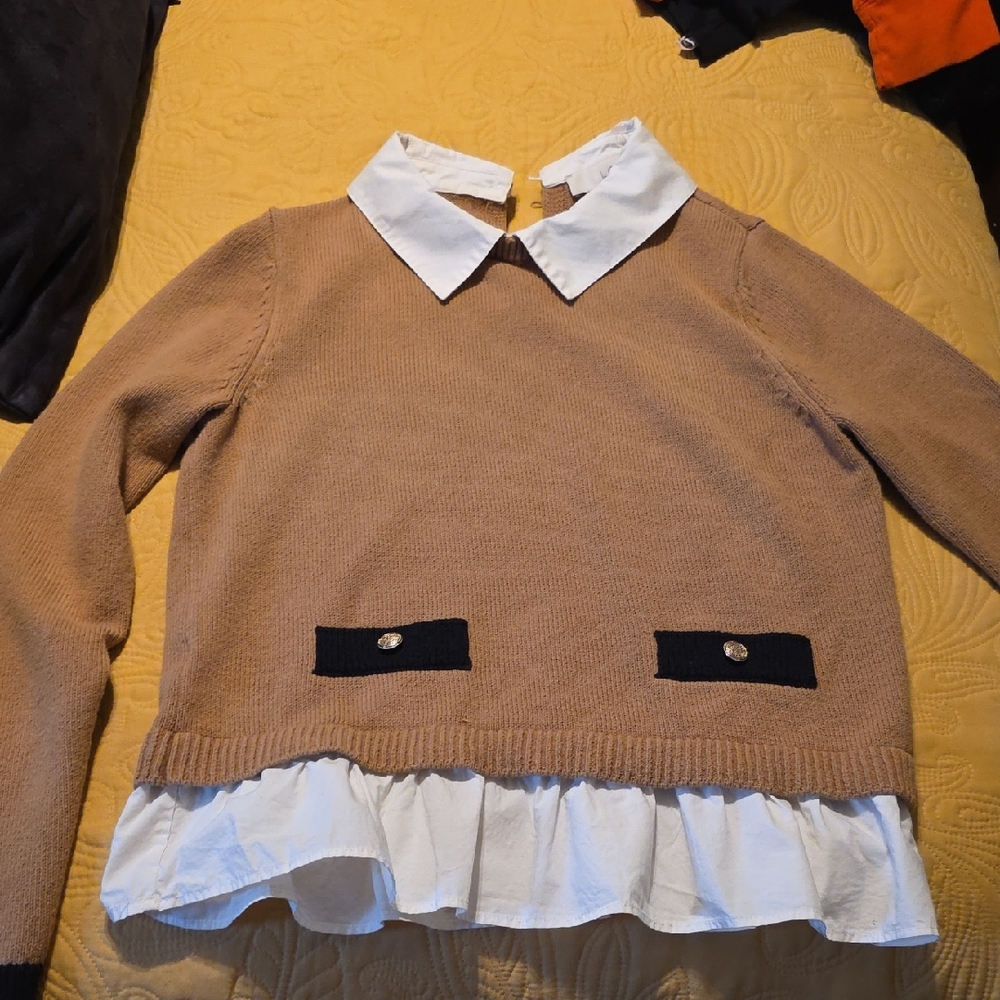 LOFT Tan Sweater with White Ruffle and Black Details